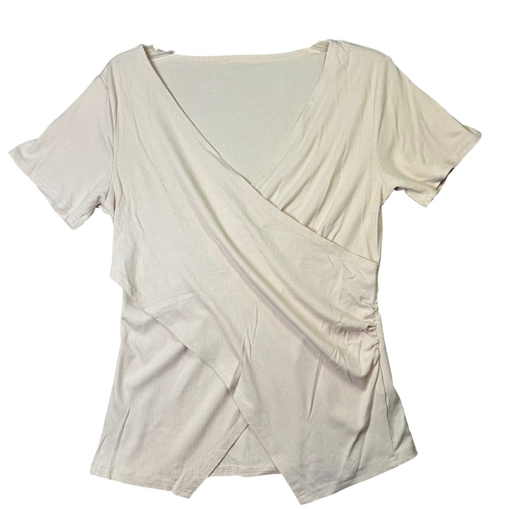 Micoson Ribbed Surplice Wrap Top Short Sleeve Ruched V-Neck Medium Beige NEW